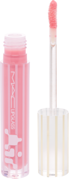 Różowy błyszczyk MAC Lipglass w przezroczystej tubce z pionowymi paskami, otwarty, z wyjętym aplikatorem.