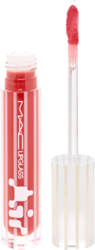 Otwarty, koralowo-czerwony błyszczyk MAC Lipglass. Prążkowana buteleczka z białym logo i wzorem, aplikator obok.