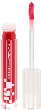 Czerwony błyszczyk MAC Lipglass w przezroczystej butelce z grafiką, wyjęty aplikator obok.