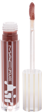 Otwarty błyszczyk MAC Lipglass w odcieniu brązowego różu, butelka w białe paski z aplikatorem, widok z boku.