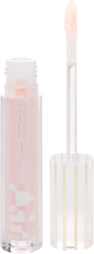 Błyszczyk MAC Lipglass w transparentnej tubce z wyjętym aplikatorem, obok nakrętka w biało-złote paski.