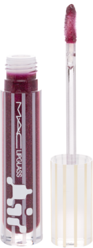 MAC Lipglass, ciemnobordowy błyszczyk z brokatem, w przezroczystej tubce z białymi pionowymi paskami, obok aplikator.