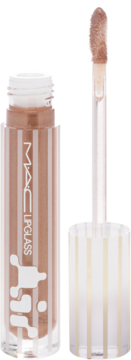 MAC Lipglass, beżowo-złoty błyszczyk z brokatem, w otwartym flakonie z aplikatorem obok, widok z bliska.