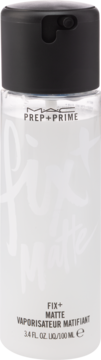 MAC Prep+Prime Fix+ Matte spray w przezroczystej butelce z czarnym korkiem, widok frontalny, pionowo.