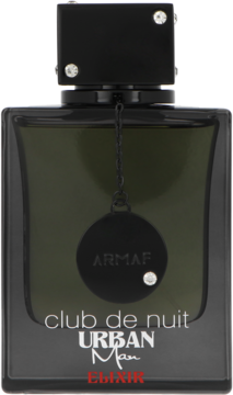 Armaf Club De Nuit Urban Man Elixir, ciemna butelka perfum z czarnym korkiem i łańcuszkiem z logo, widok z przodu.