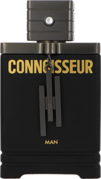 Armaf Connoisseur Man woda perfumowana, czarna butelka z złotym napisem i metalową zawieszką, widok z przodu.
