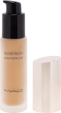 Podkład MAC Skinfinish Lightstruck w matowej szklanej butelce z pompką, obok złota nakrętka.