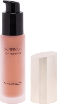 MAC Skinfinish Lightstruck, płynny rozświetlacz w matowej szklanej butelce z pompką, obok złota nakrętka.