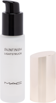 Biała butelka MAC Skinfinish Lightstruck z czarną pompką i oddzielną złotą, heksagonalną nakrętką, widok z przodu.