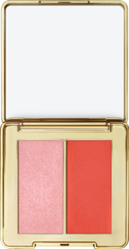 Złoty kompakt do makijażu z otwartym lusterkiem i dwoma różami do policzków: jasnym różem i koralowym. Widok z góry.