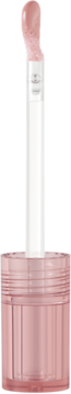Kaja Gloss Shot Milk Tea błyszczyk, aplikator z różowym gloss wystaje z ryflowanej, przezroczystej butelki.
