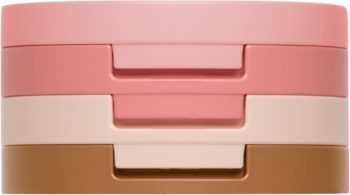 Paleta Kaja Play Bento 3w1 do konturowania twarzy, trzy ułożone kompakty: różowy, beżowy, brązowy.