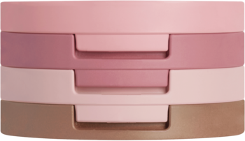 Paleta Kaja Play Bento Sugar Cookie do konturowania 3w1. Trzy pudrowe kompakty w odcieniach jasnego różu, różu i brązu, w stosie.