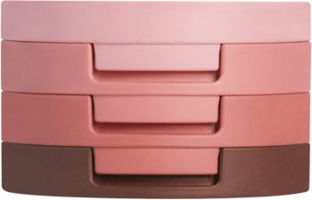 Kaja Beauty Bento trio cieni Coral Sunrise, trzy piętrowe kompakty: jasny róż, różany i ciemny brąz.