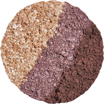 Kaja Beauty Bento Trio cieni Mauve Bouquet. Zbliżenie na okrągłą paletkę z trzema pudrowymi cieniami: beż, róż, brąz.