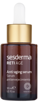 Brązowa butelka Sesderma RETI AGE serum przeciwstarzeniowego z złotą nakrętką i białą pipetą, widok z przodu.