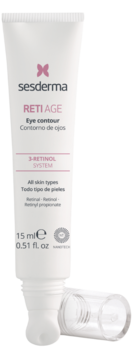 Biała tubka Sesderma Reti Age kremu pod oczy z retinolem, 15ml, z odkrytą nakrętką i rollerem, na ciemnym tle.