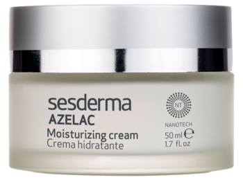 Słoik kremu nawilżającego Sesderma Azelac z kwasem azelainowym, matowy, ze srebrną nakrętką, widok z przodu.