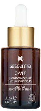Sesderma C-VIT serum z witaminą C, brązowa butelka z zakraplaczem, złota nakrętka, widok z przodu.
