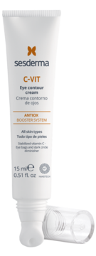 Biała tubka Sesderma C-VIT kremu pod oczy z witaminą C, otwarta z aplikatorem roll-on, widok z przodu.