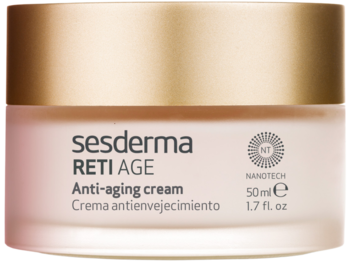 Słoiczek kremu przeciwstarzeniowego Sesderma Reti Age, matowe szkło, złota nakrętka, widok z przodu.