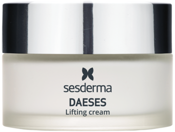 Słoiczek kremu liftingującego Sesderma DAESES z matowego szkła i srebrną nakrętką, widok z przodu.