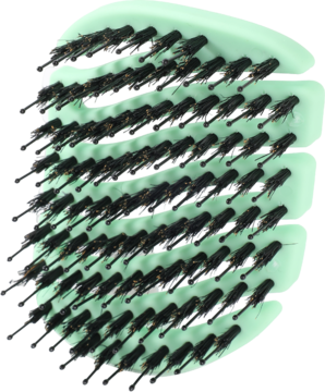 MILA Pocket Sister Young, miętowa mini szczotka z gęstym, czarnym włosiem dzika i nylonowymi szpilkami, widok z góry.