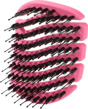 Różowa, zakrzywiona mini szczotka MILA Pocket Sister Young z czarnymi nylonowymi szpilkami i włosiem dzika, widok z boku.