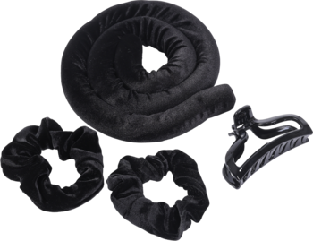 Zestaw LISA Sister Young do kręcenia włosów bez ciepła, widok z góry: czarny wałek, dwie aksamitne gumki, spinka.