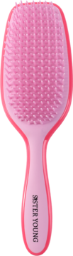 Różowa szczotka AYLA Sister Young do rozczesywania włosów. Widok z przodu, elastyczne zęby i napis Sister Young.
