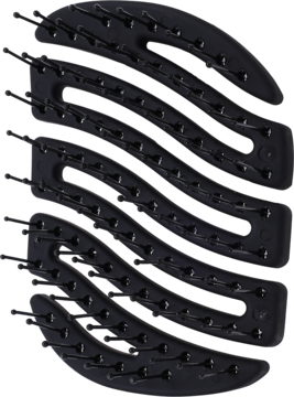 MILA Pocket Sister Young NV, czarna mini szczotka z pofalowanymi rzędami nylonowych szpilek masujących, widok z góry.