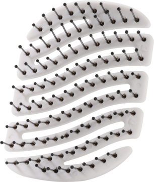 MILA Pocket Sister Young NV: biała, kompaktowa mini szczotka o falistym kształcie, z czarnymi nylonowymi szpilkami, widok przód.