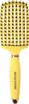 Żółta wentylowana szczotka Ovia Sister Young, włosie dzika, czarne szpilki, różowo-złote akcenty, z przodu.