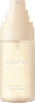Catrice Hydra Reset Body Spray, żółtawa butelka z kremowym atomizerem i wyraźnym logo, widok z przodu.