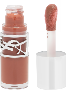 Błyszczyk YSL w odcieniu rdzawej róży, w przezroczystej butelce z logo YSL. Obok wyciągnięty aplikator na białym tle.