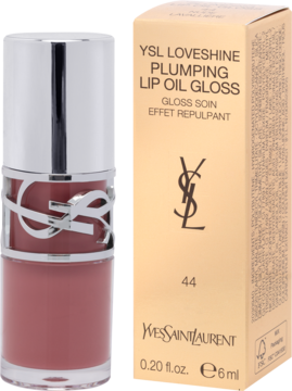YSL Loveshine Plumping Lip Oil Gloss Nude Lavaillere, brązowo-różowy, przezroczysta tubka i pudełko. Z przodu.
