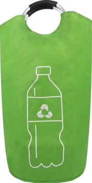 Zielona torba na recykling z filcu, z metalowym uchwytem i grafiką butelki PET z symbolem recyklingu, widok z przodu.
