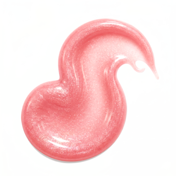Soczysty, różowy swatch błyszczyka GUILTY PLEASURES z perłowymi drobinkami na białym tle.