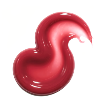 Lśniący, gęsty swatch czerwono-różowego błyszczyka GUILTY PLEASURES na białym tle, efekt soczystych ust.