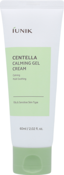 Biała tubka kremu iUNIK Centella Calming Gel Cream z zielonym panelem tekstowym, widok z przodu.