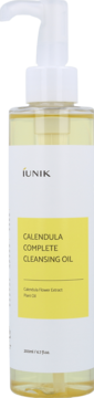 iUNIK Calendula Complete Cleansing Oil w przezroczystej butelce, biała pompka, żółta etykieta, widok z przodu.