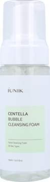 iUNIK Centella Bubble Cleansing Foam do mycia twarzy w przezroczystej butelce z białą pompką, widok z przodu.