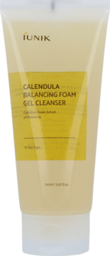 Tubka iUNIK Calendula Balancing Foam Gel Cleanser 150ml, kremowo-żółta z żółtą etykietą, widok z przodu.