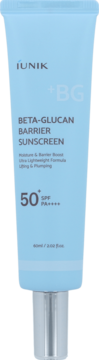 iUNIK Beta-Glucan Barrier Sunscreen SPF50+ PA++++, ultralekki nawilżający krem w błękitnej tubce, widok z przodu.