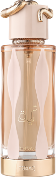 Lattafa Teriaq unisex EDP, front butelki: szklana, złoty korek-wąż, różowe zdobienia, arabski napis.