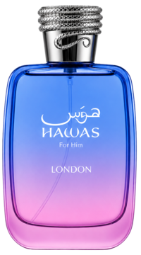 Męska woda perfumowana Rasasi Hawas London. Elegancka butelka ombre: niebieska góra, różowy dół, srebrna nakrętka.