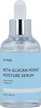iUNIK Beta-Glucan Power Moisture Serum 50ml, butelka z kroplomierzem, niebieska etykieta, dla nawilżenia i ukojenia, przód.