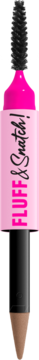 Pudrowy pisak do brwi NYX Fluff & Snatch Ash Blonde, dwustronny, z czarną szczoteczką i beżową kredką.