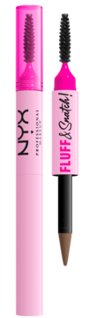 NYX Fluff & Snatch pudrowy pisak do brwi w odcieniu Taupe, różowy. Widoczne dwie końcówki: szczoteczka i puder.