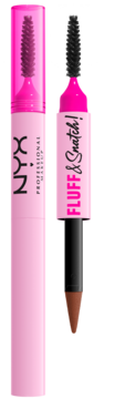 NYX Fluff & Snatch: różowa tubka ze szczoteczką i dwustronny pisak Auburn z kredką i drugą szczoteczką.
